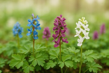 Obraz premium Blooming Corydalis cava: Fumewort Featuring Blue, Purple, or White Petals