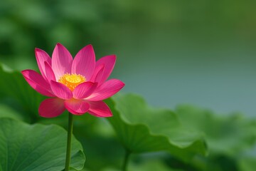 Bright pink lotus flower resting on a pond amidst verdant leaves and empty area for writing
