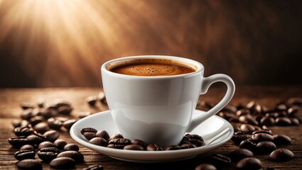 Fototapeta premium A steaming drink in a white cup with a warm-colored background