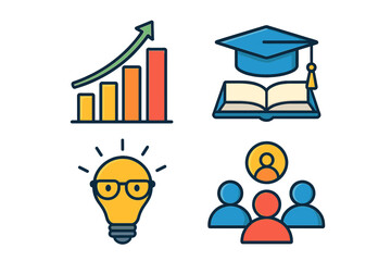 Set of business icons. Infographic elements. Growth chart, education symbol, smart idea lightbulb, teamwork sign. Vector illustration for presentation, web, startup success.