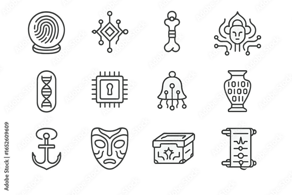 Poster legacy ritual relic vector urn augmented soul tech memory icons sigil capsule