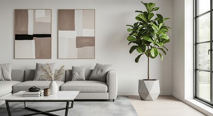 Modern living room interior design with sofa, plant, and artwork in a cozy apartment