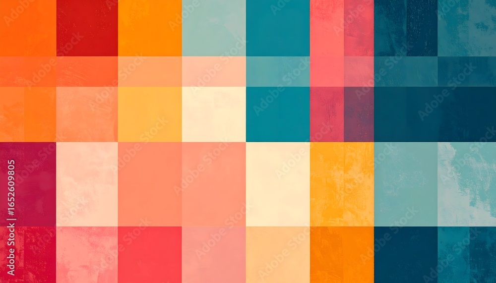 Aufkleber an abstract geometric composition featuring a grid of colorful squares and rectangles with varying o