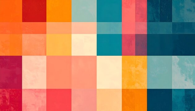 An abstract geometric composition featuring a grid of colorful squares and rectangles with varying opacities and textures.