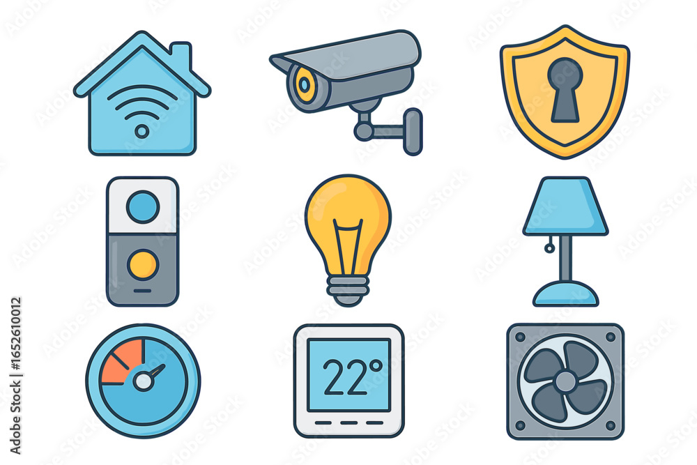 Poster smart home icon set for home automation system. vector graphic of connected devices for security cam
