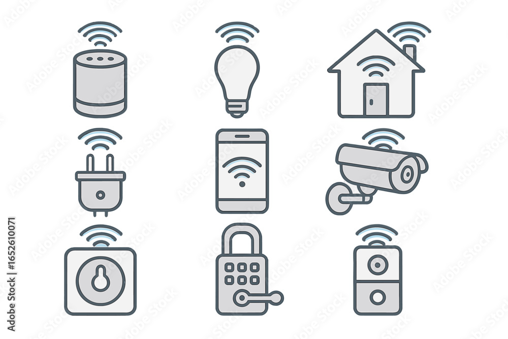 Poster smart home technology icon set for automation and security. vector illustration of modern iot device