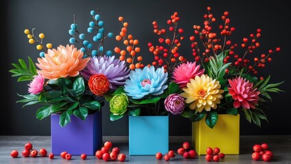 Brightly colored artificial flower and berry arrangements in decorative boxes