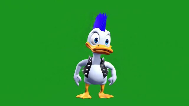 A cartoon punk duck with a blue mohawk and black vest standing confidently on a green background, exuding a rebellious attitude and cool demeanor in a digital illustration.