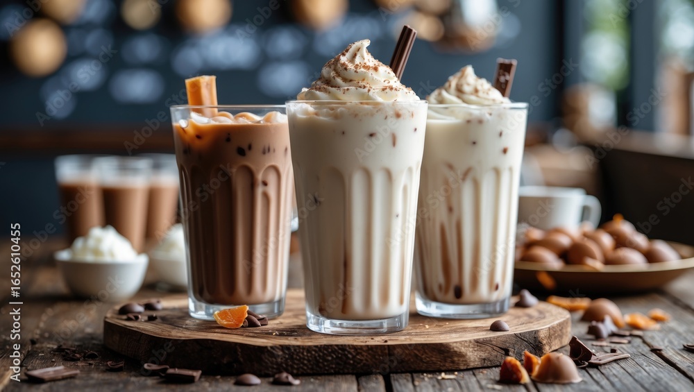 Poster chilled blended chocolate beverage in a to-go cup placed on a rustic wooden table with ample backgro