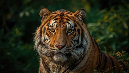 Obraz premium Intimate portrait of a fierce tiger from the Indochina region, showcasing its natural environment.