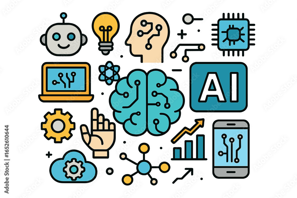 Poster artificial intelligence icon set. ai technology, machine learning, and robotics concept. vector icon