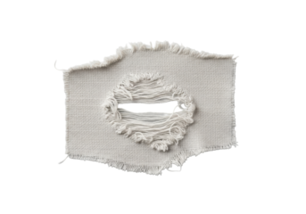 Irregular off-white natural canvas fabric with prominent tear & frayed threads, showcasing texture, isolated on seamless transparent background with diffuse studio light. Concept of material study