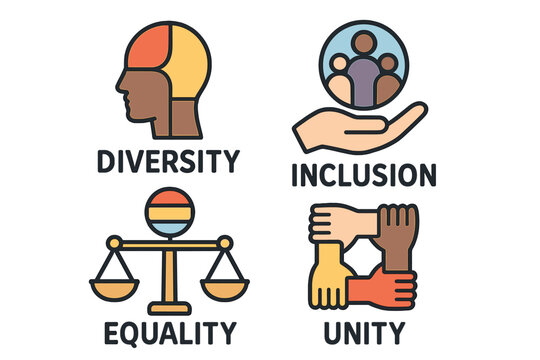 Diversity, inclusion, equality, unity icon set. Vector symbols of equity, belonging, and social justice. Multicultural teamwork and community support. Human rights concept illustration.