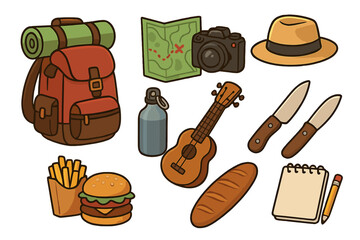 Travel essentials icon set for adventure and journey. Vector cartoon collection of backpacking and hiking gear like backpack, map, camera, hat, food and ukulele for exploration.