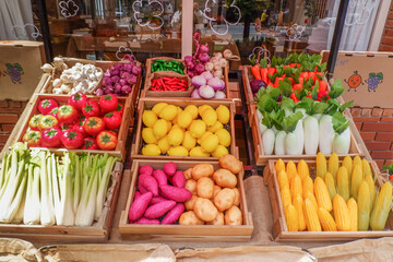 Fresh Fruits and vegetables at a farmer market,raw fruits,nutrition,organic,healthy eating or shopping in a grocery store.