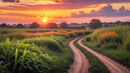 Naklejka premium Toned tracks across a sunset-lit field