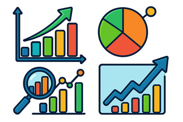 Business data analytics icon set with colorful charts and graphs. Vector infographic elements for financial report, marketing presentation, statistics. Concept of growth, progress.