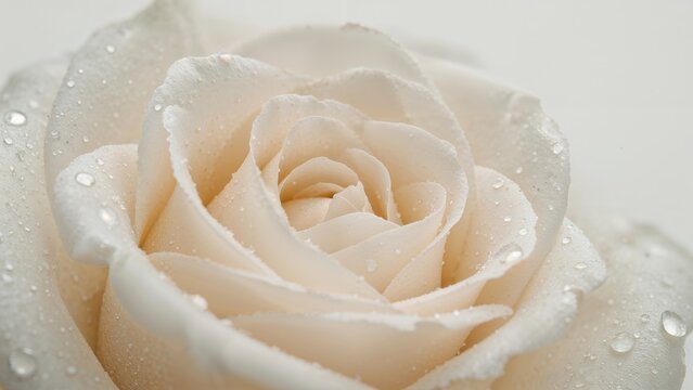 Close-up of water droplets on white rose petals with a blurred background and room for text