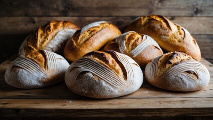Freshly baked crusty sourdough bread arranged on a wooden tabletop