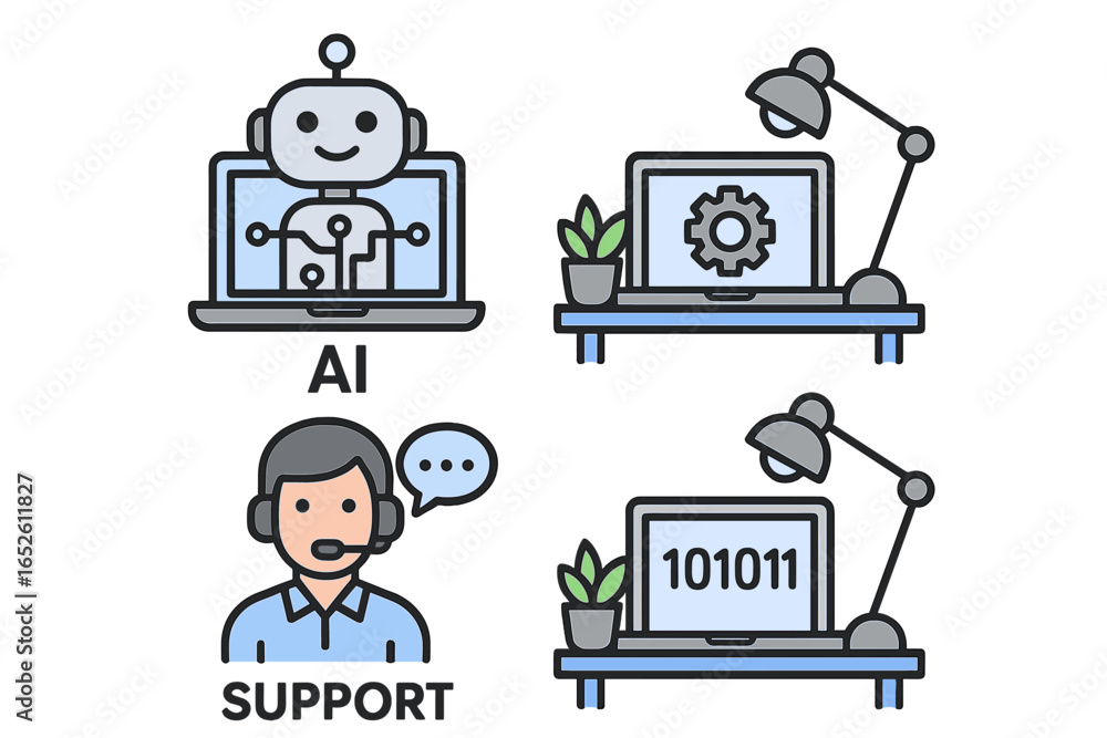 Poster ai and support icon set. vector collection with chatbot robot, customer service agent, laptop with b