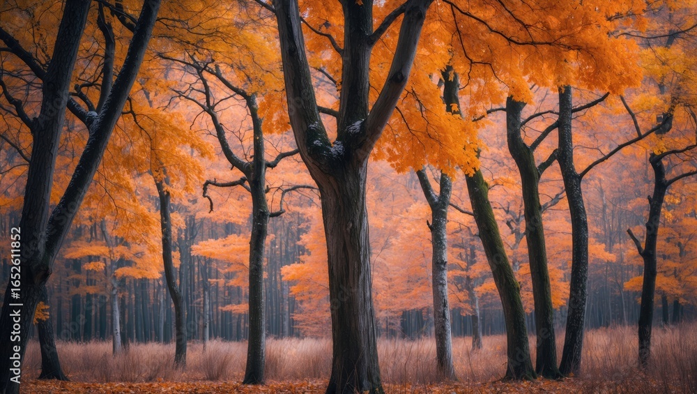 Poster close-up view of autumn foliage on a tree in a forest scene