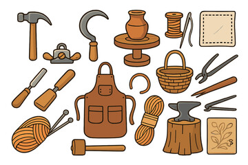 Artisan crafts tool set. Vector icon collection of traditional workshop equipment for handmade hobbies. Pottery, blacksmith, carpentry, knitting, sewing and weaving supplies.