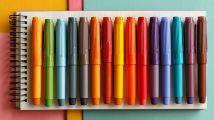 Fototapeta premium Colorful pens and markers on notebook