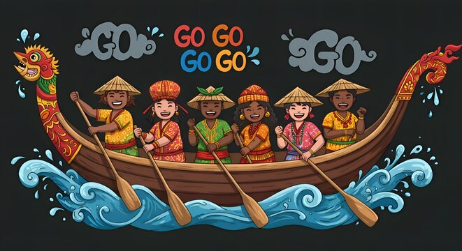 Festive Traditional Boat Race with Enthusiastic Paddlers and Decorated Boat