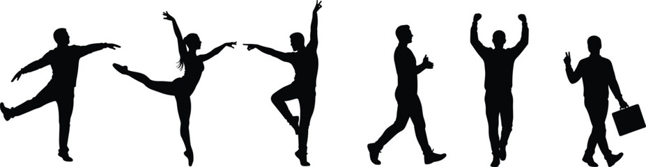 Obraz premium Diverse group of full-length silhouettes showcasing various actions, including elegant dancers, dynamic walking poses, and victorious gestures, perfect for illustrating movement, success, 