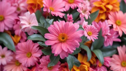 Close-up of a colorful floral backdrop featuring pink and orange hues