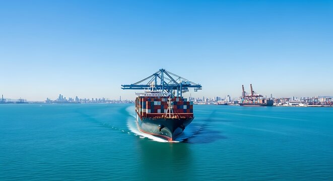 Container Ship Sailing on Blue Sea with City Skyline Background
