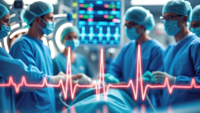 Medical team performing emergency surgery while monitoring the patient's heart rate on an electrocardiogram screen