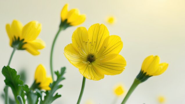Macro image showcasing a bright yellow buttercup bloom, embodying summerâ€™s cheerful vibe with a minimalist style on a light backdrop.
