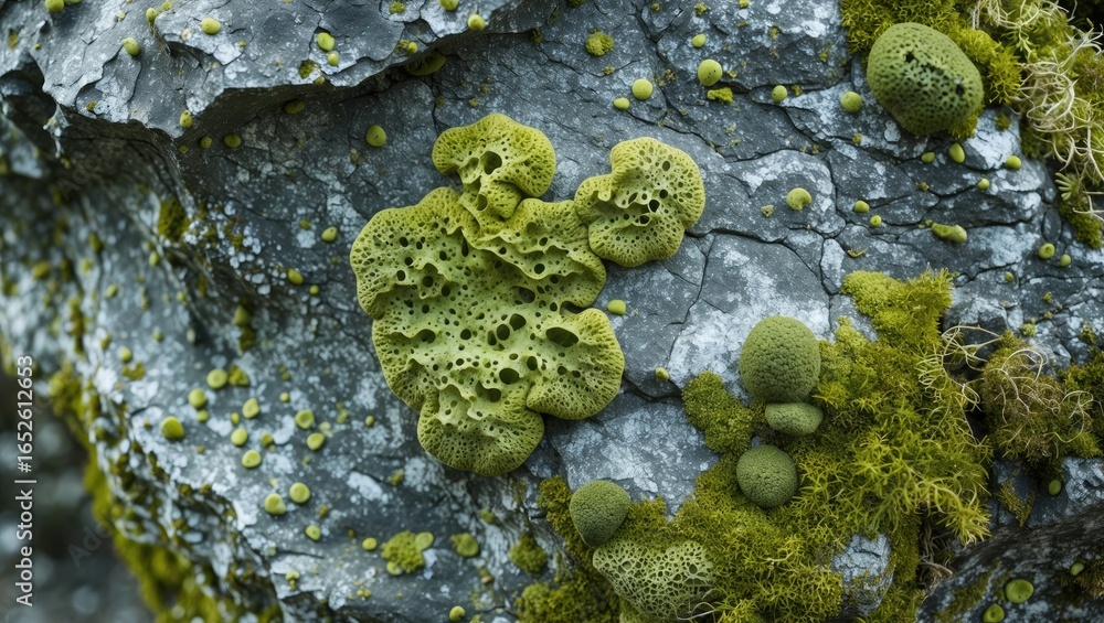 Poster close-up of moss and lichen patterns developing on a stone post-rain shower
