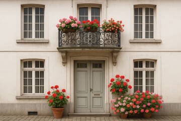 Naklejka premium Historic home exterior decorated with floral arrangements
