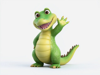 Fototapeta premium Colorful cartoon crocodile character with a friendly smile and waving hand, showcasing a playful personality in a vibrant and cheerful design, perfect for children's media
