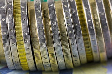 The coins of the euro, the currency of the European Union, are shown next to each other