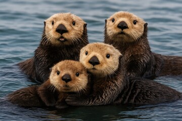 Sea otter family lounging peacefully in the bay