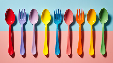 Colorful spoons and forks arranged in a row