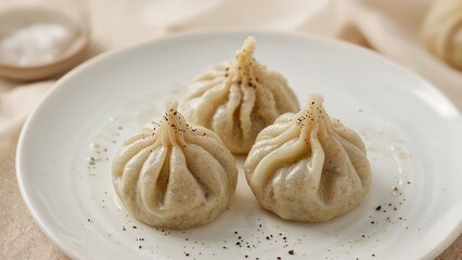 Close-up view of three steamed dumplings topped with ground pepper highlighting detailed pleats on a dish