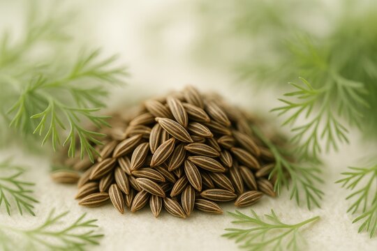 Close-up of Caraway spice with blurred greenery in the background, referred to as meridian fennel and Persian cumin