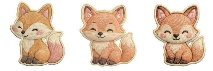 Fototapeta premium Three embroidered fox illustrations cute smiling sitting foxes with detailed stitching and fluffy tails, Embroidery Sticker isolated on transparent background. PNG die-cut for advertising