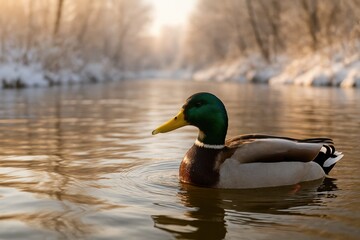 Obraz premium On a frosty morning, a duck navigates the river's surface