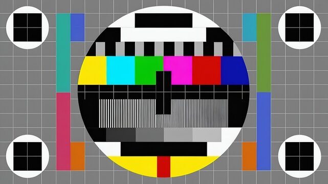 Vintage TV test pattern with color bars and static noise, perfect for retro broadcast or digital glitch backgrounds.