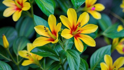 Fototapeta premium Bright yellow flower set against a green leafy backdrop, showcasing a porcupine flower, hophead flower, or Philippine violet