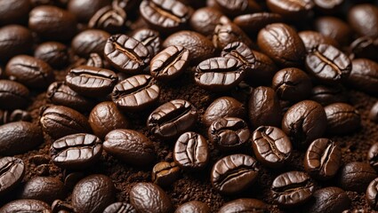 Macro shot of browned coffee beans atop coffee grounds
