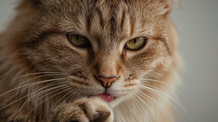 Close-up of a Carthusian feline grooming its paw with its tongue