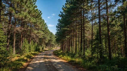 Daylight route through a pine tree grove
