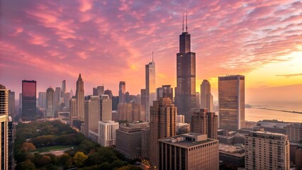 Fototapeta premium Pink and Gold Cityscape at Dawn.