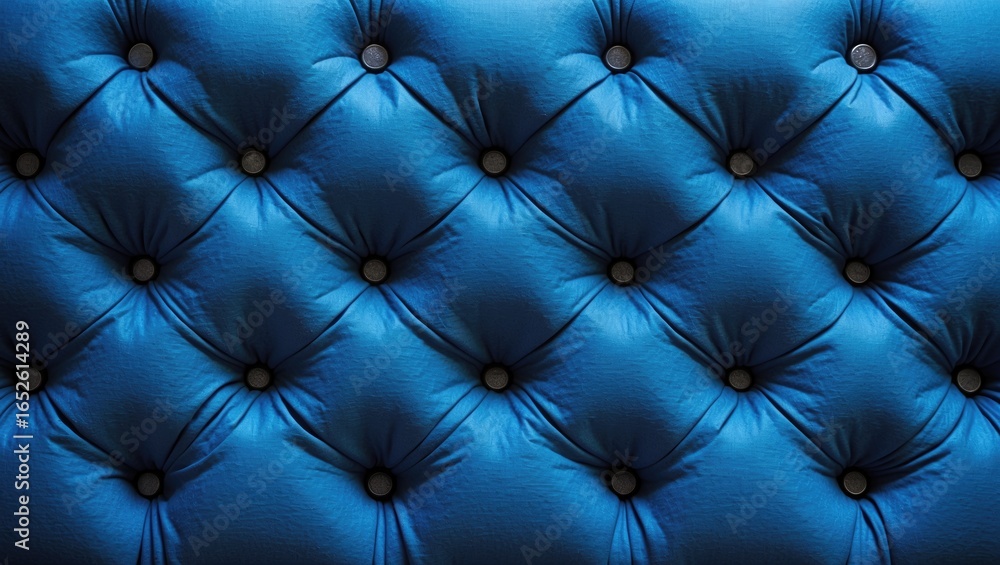 Poster retro diamond-patterned fabric with tufted detailing and button embellishments set against a blue ca